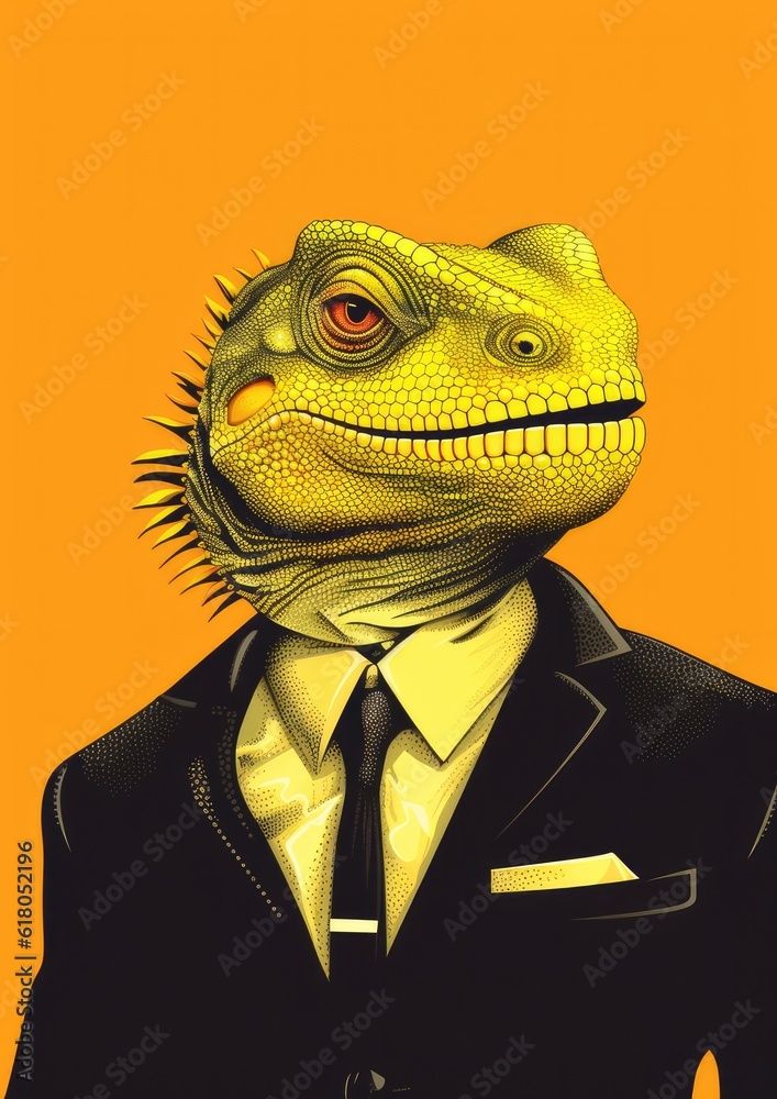 Close up portrait of chameleon , smilling with nice white teeth, wearing dark black suit. Generative Ai.