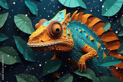Close up of chameleon hiding in leaves of tree in a rain forest. Generative Ai.