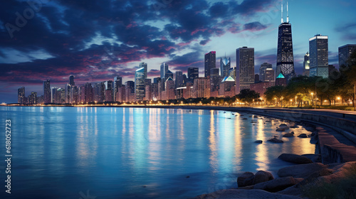 Chicago city skyline at night near the beach with the reflection of the city in the sea water