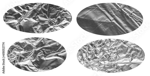 Set of oval round elliptical cut out crumpled strips of bright shiny metallic aluminium foil design elements, isolated on white or transparent background