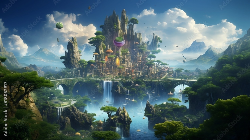 Gravity-Defying Wonders: Whimsical Floating Islands, Colorful Creatures, and Mesmerizing Skies