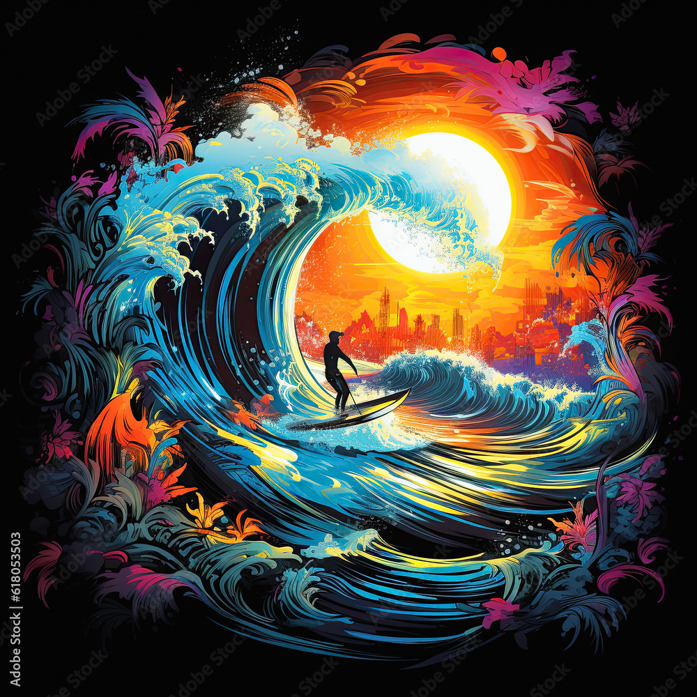 art design for t-shirt, surfing sport, black background. ai generative art design for t-shirt, surfing sport, black background. ai generative