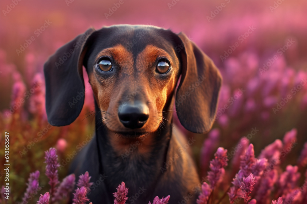 Dachshund dog in purple heather flower field.