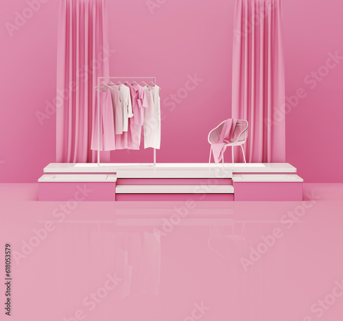 Clothes hanging on a rack and armchair on pink stage background. Creative composition. Light background with copy space. 3D render for web page, presentation, studio, store fashion	
