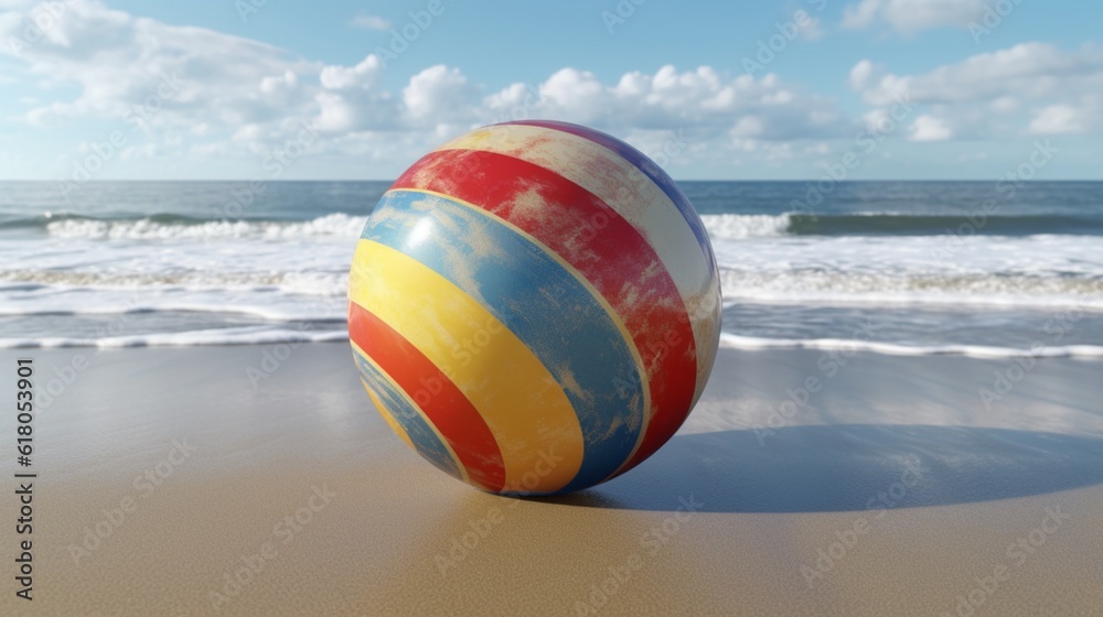 Beach ball against a scenic seascape , Generative AI.