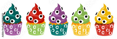A set of colorful eyed cupcakes for Halloween on a white background. Happy Halloween, scary sweets. Cartoon collection of colored cream monsters with eyes. Vector illustration