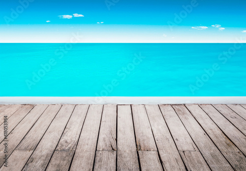 Image of wood table in front of the beach sea background. Brown wooden desk empty counter front view of the seaside on beautiful seashore and outdoor seacoast.