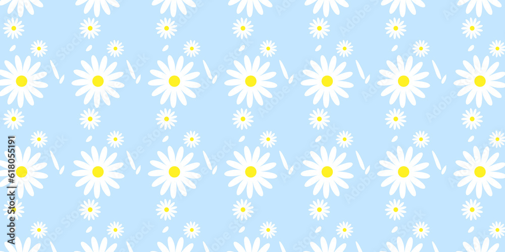 White daisy,daisies seamless on pastel blue sky background.  