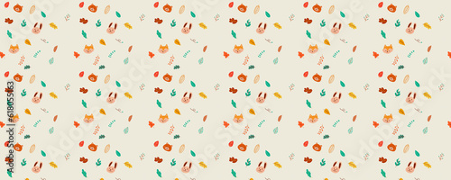 Autumn background seamless vertical line consisting of fox,maple leaf,small leaf,bear,rabbit,wind. hand drawn element of fall season.