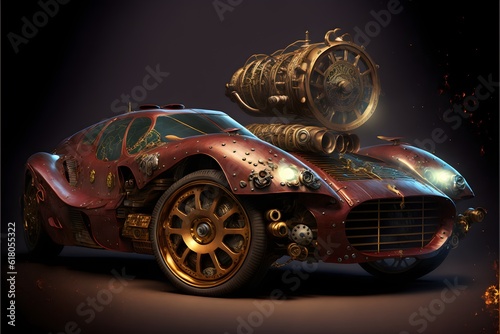a steampunk ferrari with a lot of gears and symbols rendered in high quality with high resolution textures light effects lens effects and smoke 