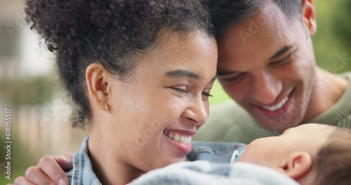 Baby, parents and caress head with love, care and affection together in nature. Happy, newborn and mother and father with gentle touch for bonding, family and enjoying quality time with kid outdoor.