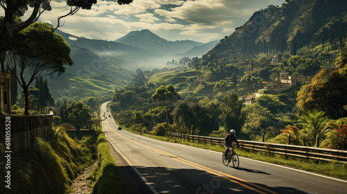 professional cyclist riding his bike on la calera colombia highway with mountain view in daytime photo