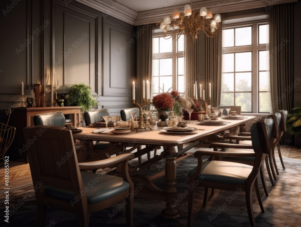 Wide angle view of the dining room in British style with dining sets, natural light, and candlelight. Generative AI