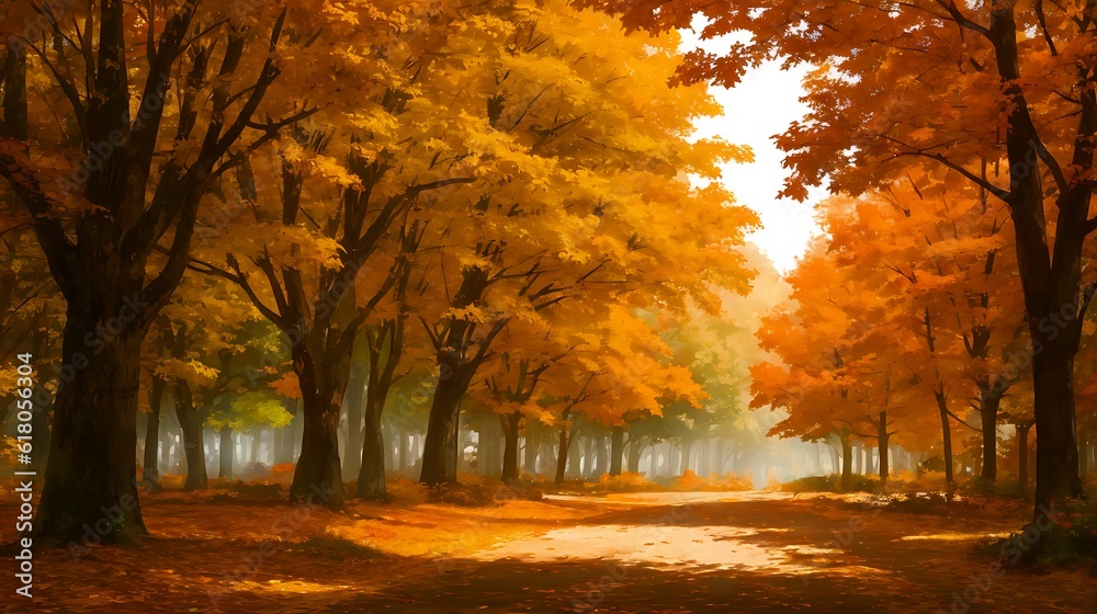 木々が紅葉する森林と道の風景イラスト　generative ai