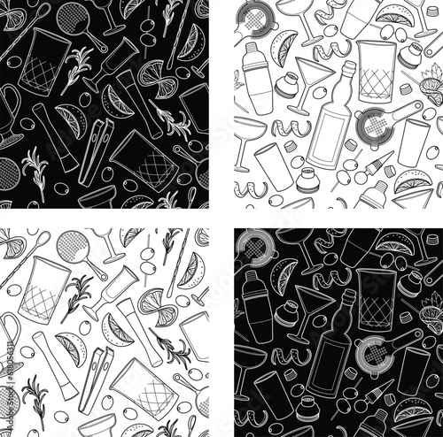 Vector bartender equipment seamless pattern. Vector line art illustration