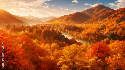 木々が紅葉する山と川の風景イラスト generative ai