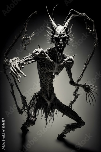 scary demon full body shot madnessinducing dynamic pose action pose bony skinny deep perspective sharp bony spines coming from head realistic photo extremem details 