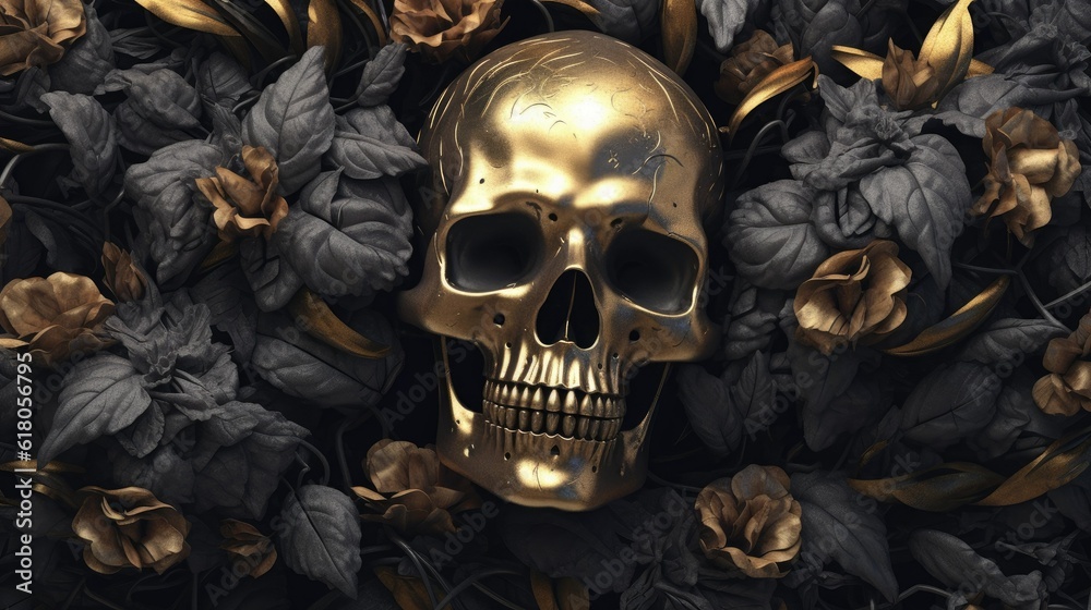 gold skull on the surface of the leaves