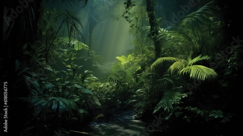 a jungle at night, depicting a tropical scene