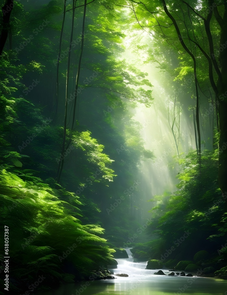 forest glade, where sunlight filters through the lush canopy