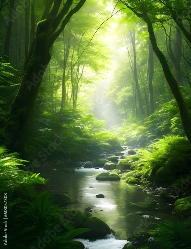 forest glade  where sunlight filters through the lush canopy