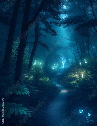 mystical forest where bioluminescent plants illuminate the darkness © Luc