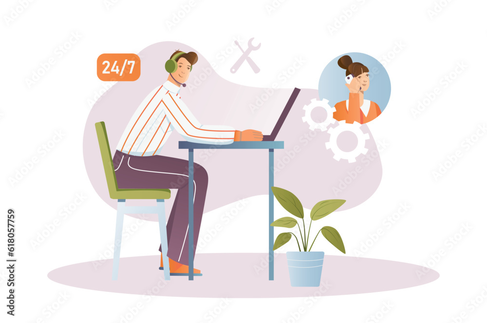 Call center concept with people scene in the flat cartoon design. A man tries to help a customer on the phone. Vector illustration.