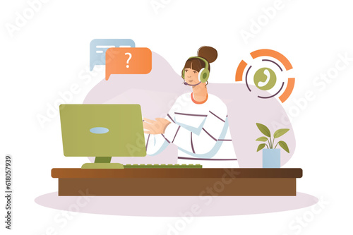 Call center concept with people scene in the flat cartoon design. A call center employee answers all customer questions. Vector illustration.