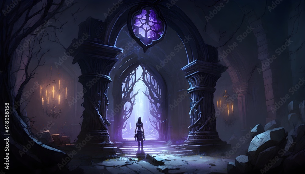 dungeon interior black marble dark elf style night purple lighting realistic scary fantasy 