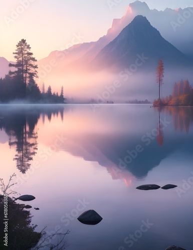 serene lake at sunrise, surrounded by misty mountains