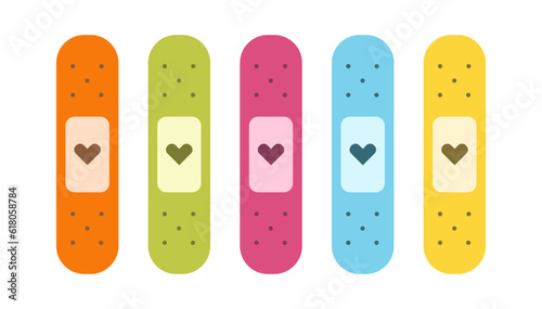 Flat cute set of band aids illustrations with hearts. Medical bandage collection of icons.