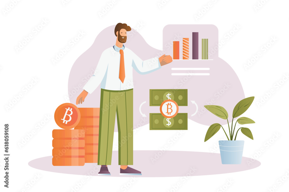 Crypto concept with people scene in the flat cartoon design. The specialist analyzes crypto exchanges and their finances. Vector illustration.