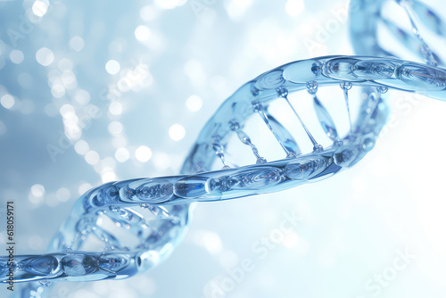 Fototapeta Naklejka Na Ścianę i Meble -  A closeup of the dna chain from clear water. Creative concept for moisturizing cosmetics, hyaluronic acid, intensive hydration wallpaper. Generative AI 3d render imitation.