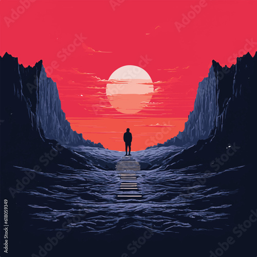 Lonely man standing on the horizon. Beautiful sci fi, fantasy wallpaper with loneliness concept. mountain, hills, sun, red sunset sky. 