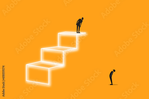 Successful businessman standing on the stairs looking down and man looking up, which pointing up as symbol of achievement, success and developing business in successful way