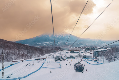 Beautiful Yotei Mountain with Snow in winter season at Niseko. landmark and popular for Ski and Snowboarding tourists attractions in Hokkaido, Japan. photo