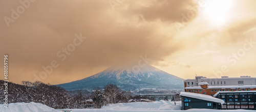 Beautiful Yotei Mountain with Snow in winter season at Niseko. landmark and popular for Ski and Snowboarding tourists attractions in Hokkaido, Japan. Travel and Vacation concept photo