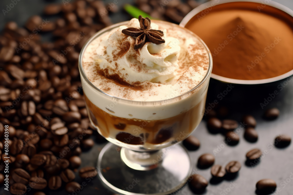 Close-up top view of ingredients Irish coffee, Coffee. AI Generated.