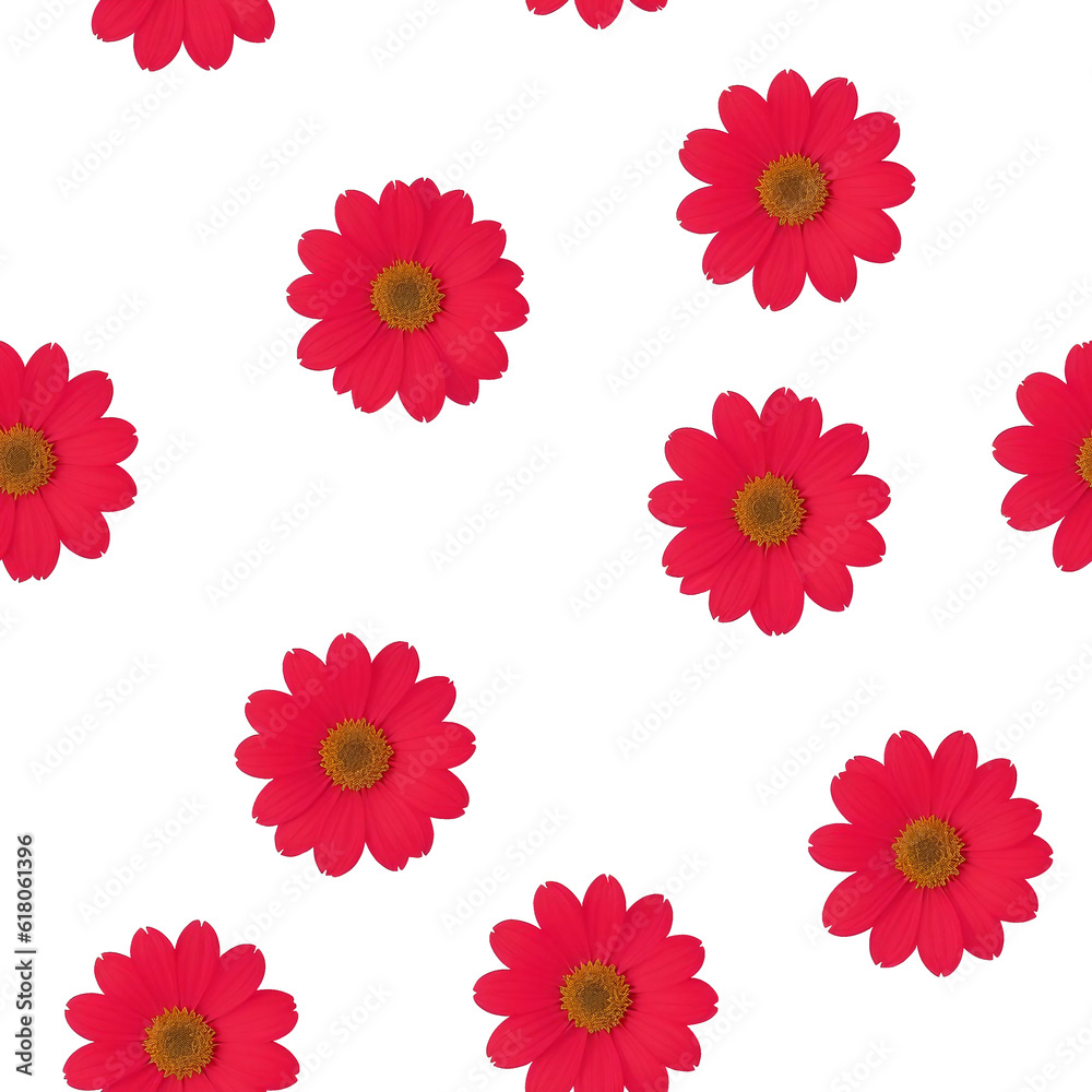 Seamless pattern of red daisies on a transparent background. 