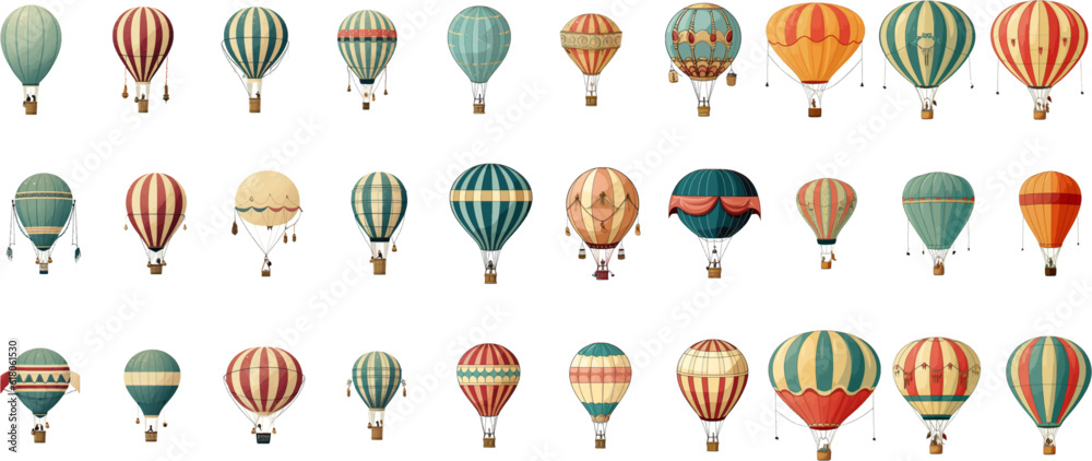 Colorful vintage hot air balloons, adventure vehicles white background
