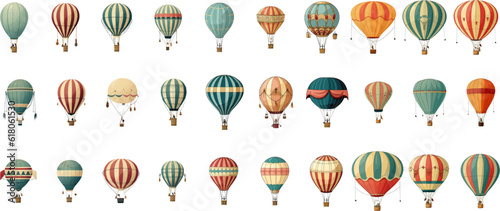 Colorful vintage hot air balloons, adventure vehicles white background