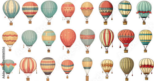 Colorful vintage hot air balloons, adventure vehicles white background