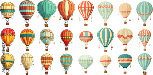 Colorful vintage hot air balloons, adventure vehicles white background