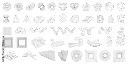 Set of wireframe 3D geometric shapes. Wire frame abstract figures. Torus, spirals, gear, heart, star. Distorted mesh grids. Graphic design elements isolated on white background. Editable strokes