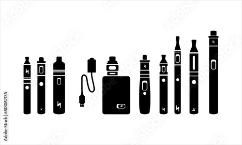 Vape ecigarettes smoking tools vector illustration set. Vape tools electronic cigarettes flat style design collection isolated on white background.