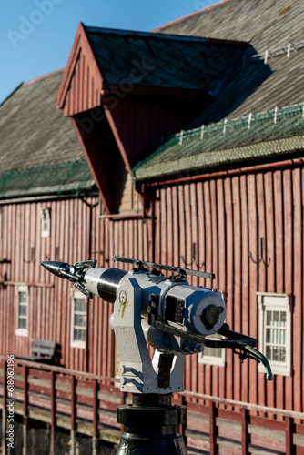 Whaling harpoon outside the Polar Museum Polarmuseet, in the town of Tromso, Norway - stock photo photo