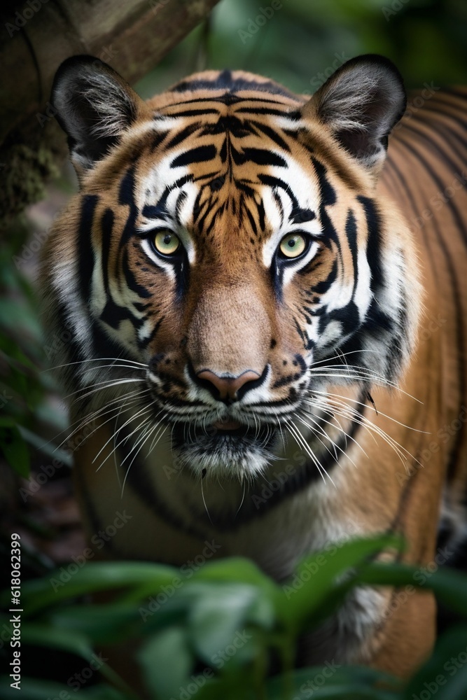 AI generated illustration of an endangered Bengal Tiger walking through a lush and vibrant forest