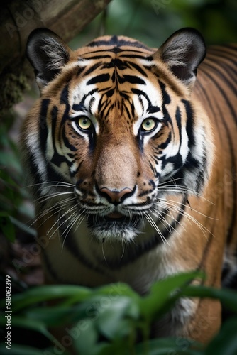 AI generated illustration of an endangered Bengal Tiger walking through a lush and vibrant forest