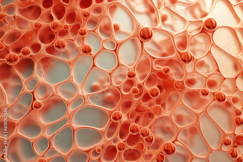 The surface of the skin under the zoomed microscope. Molecules and skin cells, molecular grid in close-up. Generative AI 3d render illustration imitation.