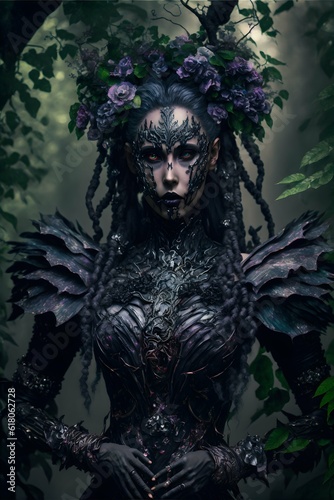 prototype evil woman orchid fused cyborg hybrid wearing magical earth dress in a poisonous forest horror dark fantasy fairycore witchcore extreme details professional photography 